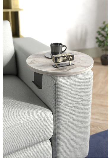 Zigon Sehpa Yan Sehpa Ayarlanabilir Tepsi Dekoratif Modern Tepsi Efes Beyaz Mermer Desen