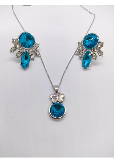 Sapphire Store Gümüş Renk Mavi Taşlı Kolye Küpe Seti Gümüş