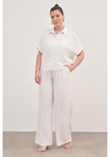 Beli Lastikli Cepli Palazzo Pantolon-1797 Beyaz