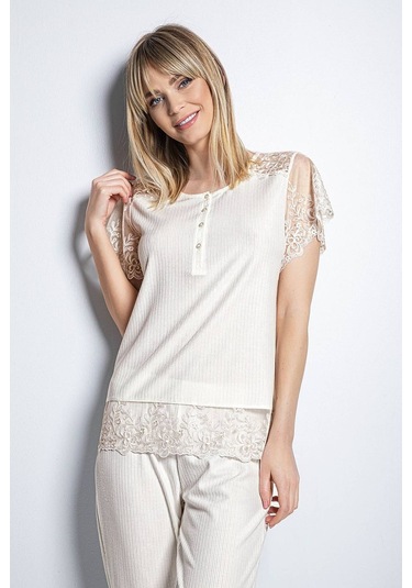 Monamise 19152 Kısa Kollu Pijama Takım - Ekru Ekru