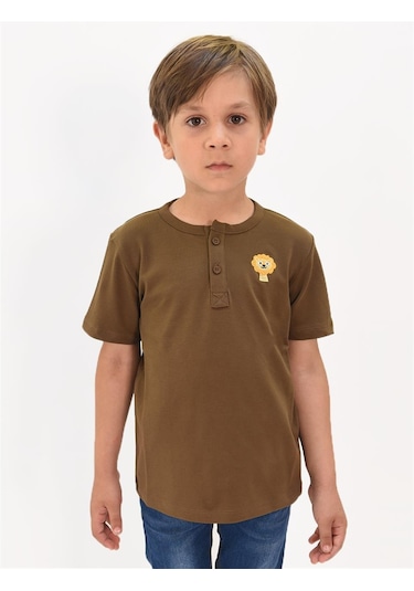 Luess Erkek Çocuk Nakış Detaylı Hakim Yaka Tshirt Kahverengi