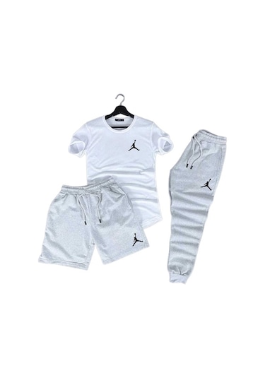 Fifty Color Jrd Baskılı 3'lü Slim Fit Unisex Tshirt-Şort-Eşofman Takımı - Gri - Beyaz