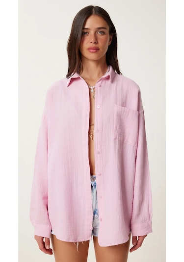Kadın Oversize Basic Cepli Müslin Gömlek Pembe