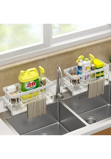 Çok Fonksiyonlu Sünger Raf Süzgeç Mutfak Rafı Lavabo Bez Bulaşık Beyaz