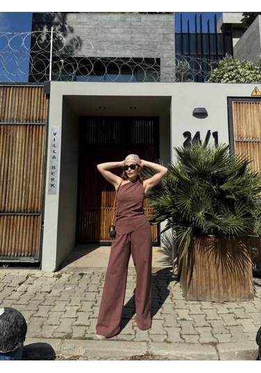 Kadın Keten Asimetrik Tek Omuzlu Bluz Pantalon Takım- Bordo Bordo