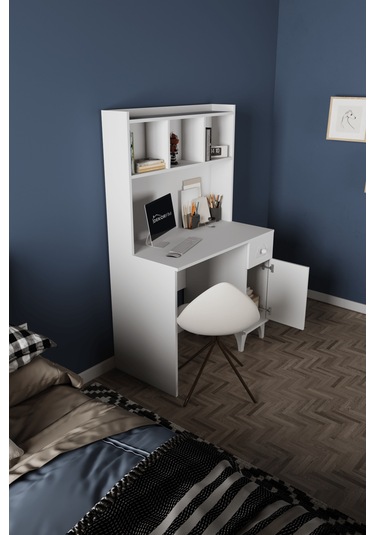 Df09105 Çekmeceli Kapaklı Kitaplıklı Çalışma Masası Bilgisayar Masası Beyaz