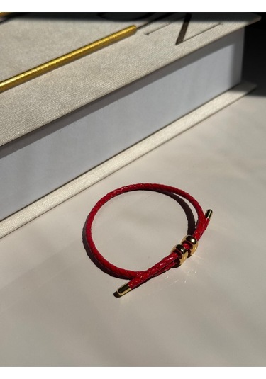 Kırmızı Deri Görünümlü Çift Dolamalı Çelik Detaylı Bileklik Unisex Tasarım Kırmızı