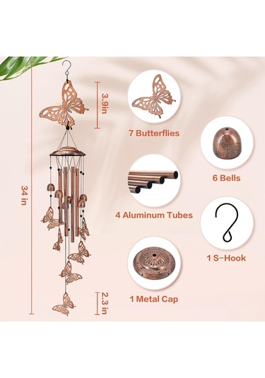 Geeroyoo El Yapımı Kelebekli Rüzgar Çanı - Dışarı/içeri Dekorasyon, Bahçe/ Balkon Aksesuarı, Doğa Melodisiyle Unutulmaz Hediye