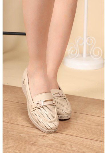 Önü Tokalı Dolgu Topuk Babet Krem-Krem