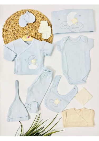 Aydede Nakış İşlemeli Kaşkorse Detaylı Yeni Doğan 10lu Hastane Çıkışı Seti - Mavi Mavi