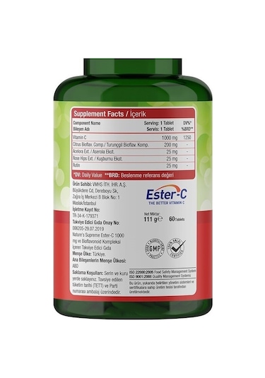 Natures Supreme Ester-C 1000 Mg C Vitamini 60 Tablet Aromasiz