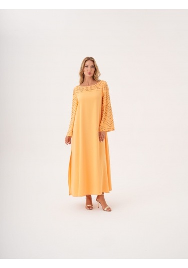Taş İşlemeli Geniş Kol Detaylı Salaş Abiye Elbise Somon