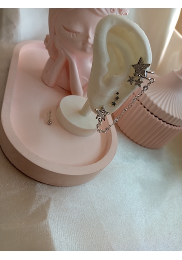 Gümüş Renkli Yıldızlı Kıkırdak Küpe Set