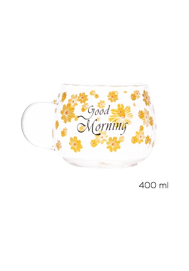 Porsima 2089 Borosilikat Isıya Ateşe Dayanıklı Cam Kulplu Çay Bardağı Kahve Bardak Kupa Sarı 400 Ml Şeffaf
