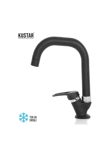 Kustar Siyah Mermerden Tek Su Girişli Kare Baston Lavabo Musluğu Siyah