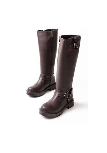 02-312 Kahverengi Toka Aksesuarlı Fermuarlı Günlük Kadın Çizme Resimdeki Renk