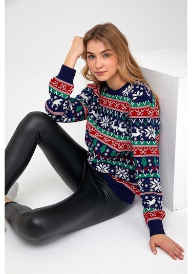 Tarz Cool Lacivert-kırmızı Kadın Christmas Yılbaşı Kazağı-kdncrs001r03m Lacivert-kırmızı