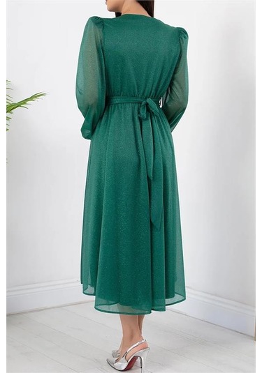 Neşeli Butik Kadın Kemer Ve Vatka Detaylı Simli Midi Elbise Rymy3590 Yeşil