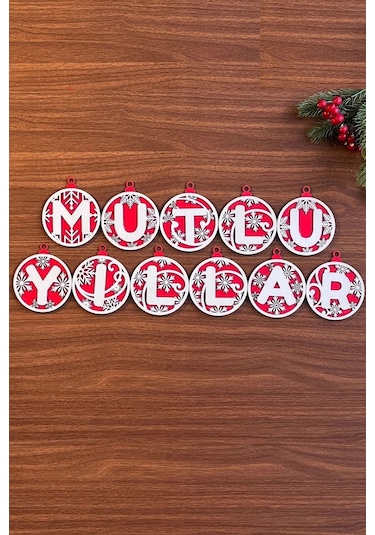 11 Harfli Kırmızı Beyaz İpli Mutlu Yıllar Yazılı Ahşap Yılbaşı Ağaç Süsü 5365