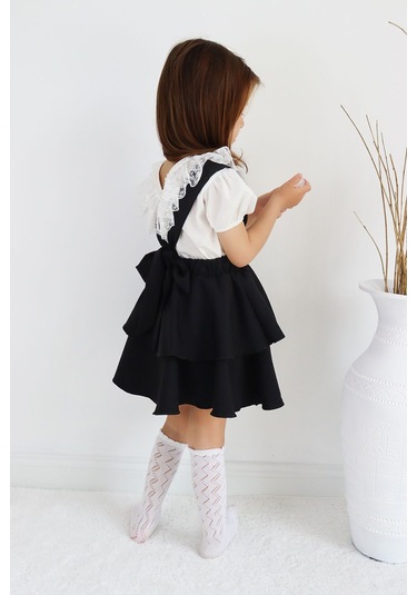 Kız Çocuk Helen Siyah Askılı Kat Kat Bağlama Jile Elbise Dantel Detay Ekru Kısa Kollu Bluz Takım