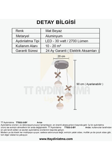 Tt Aydınlatma Kelebektoplu Model Matbeyaz 3 Lü 3 Renkli Led Avize Beyaz