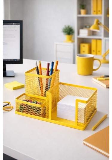 Need Nd-1034 Metal Mesh Masaüstü Organizer 3 Bölmeli, Çok Amaçlı Düzenleyici Sarı