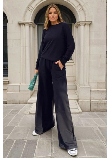 Kadın Uzun Kollu Sweatshirt , Bol Paça Beli Lastikli Cepli Pantolon - Alt & Üst Takım 3485500 Siyah