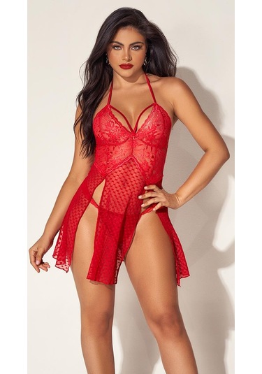 Arias Closet Kırmızı Dantelli Boyundan Askılı Göğüs Detay Gecelik Takımı Kırmızı