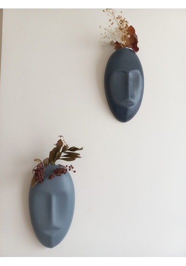 Dekoratif 2'li Yüz Duvar Vazosu, Duvar Süsü ,heykel Aksesuar Antrasit Gri