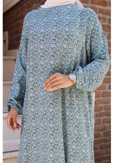 Çiçek Desenli Viskon Elbise - Açık Mavi / E0128 Açık Mavi