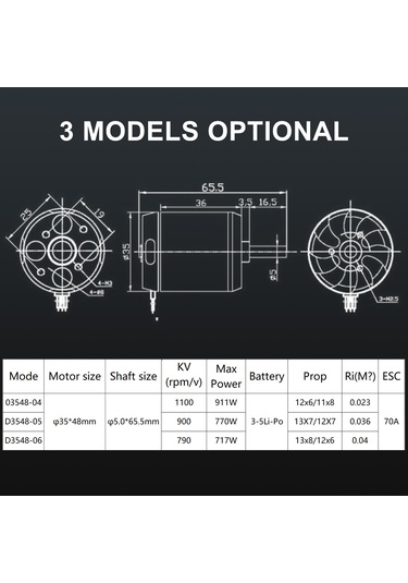 Aubyhe Uçak Modeli Sabit Kanatlı Bldc Motoru D3548 900kv 11.1-18.5v 70a Çelik Bakır