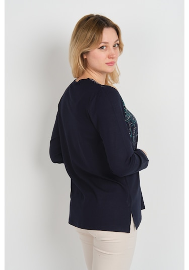 Detay Triko Kadın Taş Detaylı Desenli Yanları Yırtmaçlı Uzun Kol Anne Bluz 5741 Lacivert Lacivert