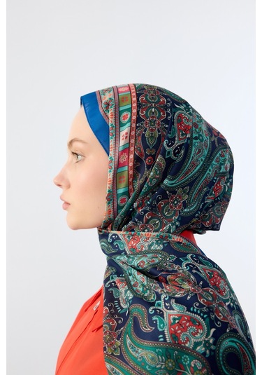 Mirsoy Scarf Asya Etnik Desen Şal Gece Mavisi