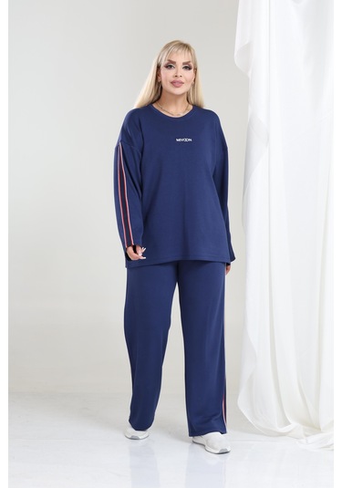 Kadın Büyük Beden Uzun Kollu Şerit Detaylı Oysho Tarzı Modal Kumaş Takım Lacivert