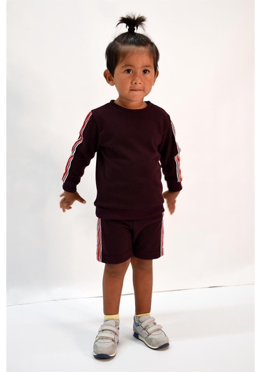 Luess Erkek Çocuk Şerit Detaylı Siyah Alt - Üst Takım Bordo