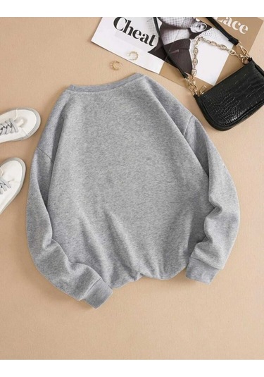 Baskısız Düz Sweatshirt - Gri Kalın Kışlık Şardonlu Uzun Kol Oversize Bisiklet Yaka Gri