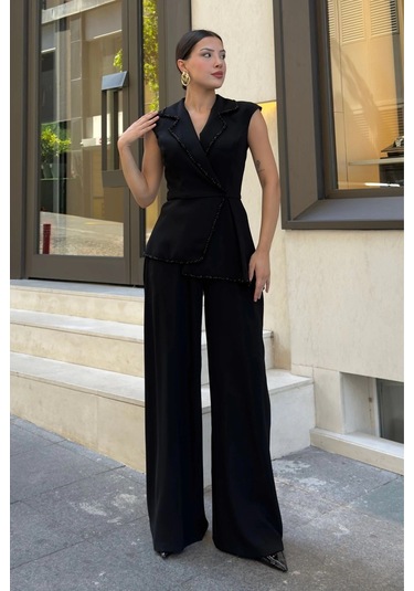 Boncuk İşleme Detaylı Asimetrik Abiye Takım 2388-siyah Siyah