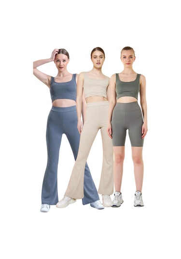 Fitilli Kare Yaka Esnek Örme Crop Büstiyer 3'lü Atlet Set Antrasit - Bej - Haki