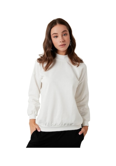 Lela Pamuklu Dik Yaka Basic Örme Bayan Sweat 5863323 Ekru