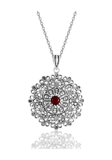 Gümüş Kök Yakut Taşlı Oksitli Telkari İşlemeli Kolye Barcode Gümüş - Rose Gold