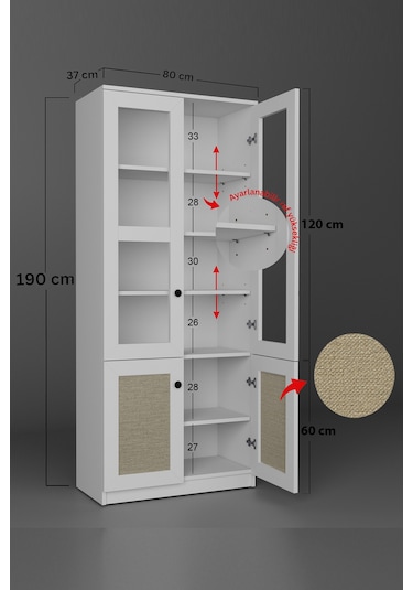 Lisa Kumaş Desenli 4 Kapaklı Beyaz Vitrin - Kitaplık Ve Çok Amaçlı Dolap Beyaz