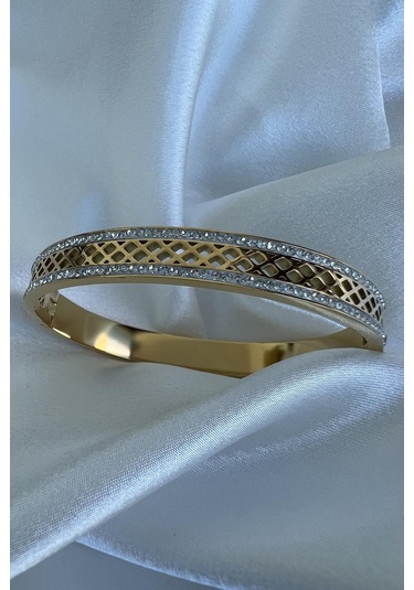 Allmisse Zirkon Taş Detaylı 316l Kalite Altın Kaplama Kararmaz Çelik Kelepçe Bileklik - Altın