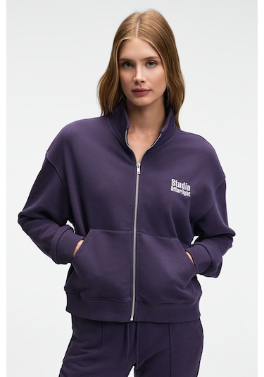 TORINA Kadın Nakış Detaylı Fermuarlı Çift Cepli Relax Mor Ceket