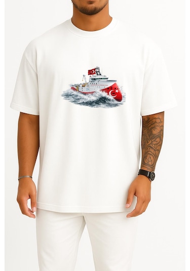 Bahriyeli Collection Oversize Rv Barbaros Hayreddin Paşa Dalgalar Arası Göğüs Ve Sırt Baskılı Unisex T-shirt Beyaz