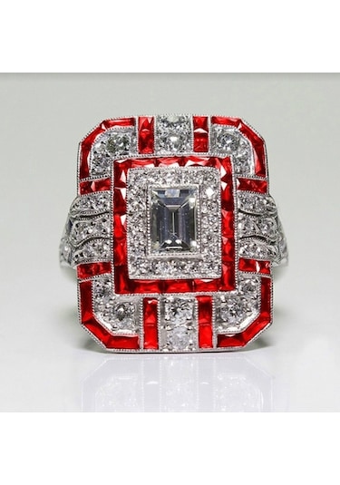 Luxury Square Women Crystal Zircon Engagement Ring, Ring Size:9 Red Çok Renkli