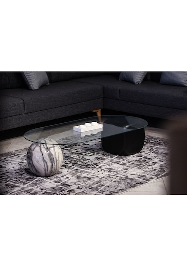 Top Sehpa & Küre Sehpa Oval Cam Orta Sehpa - Diana Traverten Desen & Siyah Zar