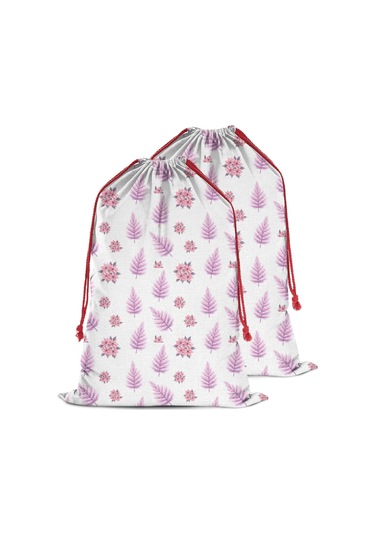 Büyük Noel Baba Hediye Çantası, Pamuklu Kordonlu, Yeniden Kullanılabilir Noel Poinsettia Fern