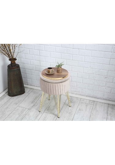 Bianco Metal Ayaklı Puflu Zigon Sehpa Altın Bej Gold Beige