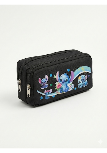 Stitch Baskılı Çift Bölmeli Siyah Okul Kalemliği Siyah