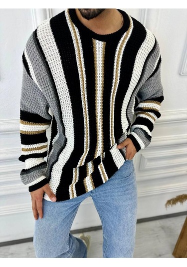 Kazak Oversize Renkli Örgü Desenli Naturel Pamuk Bol Kesim Salaş Triko Kazak Gri